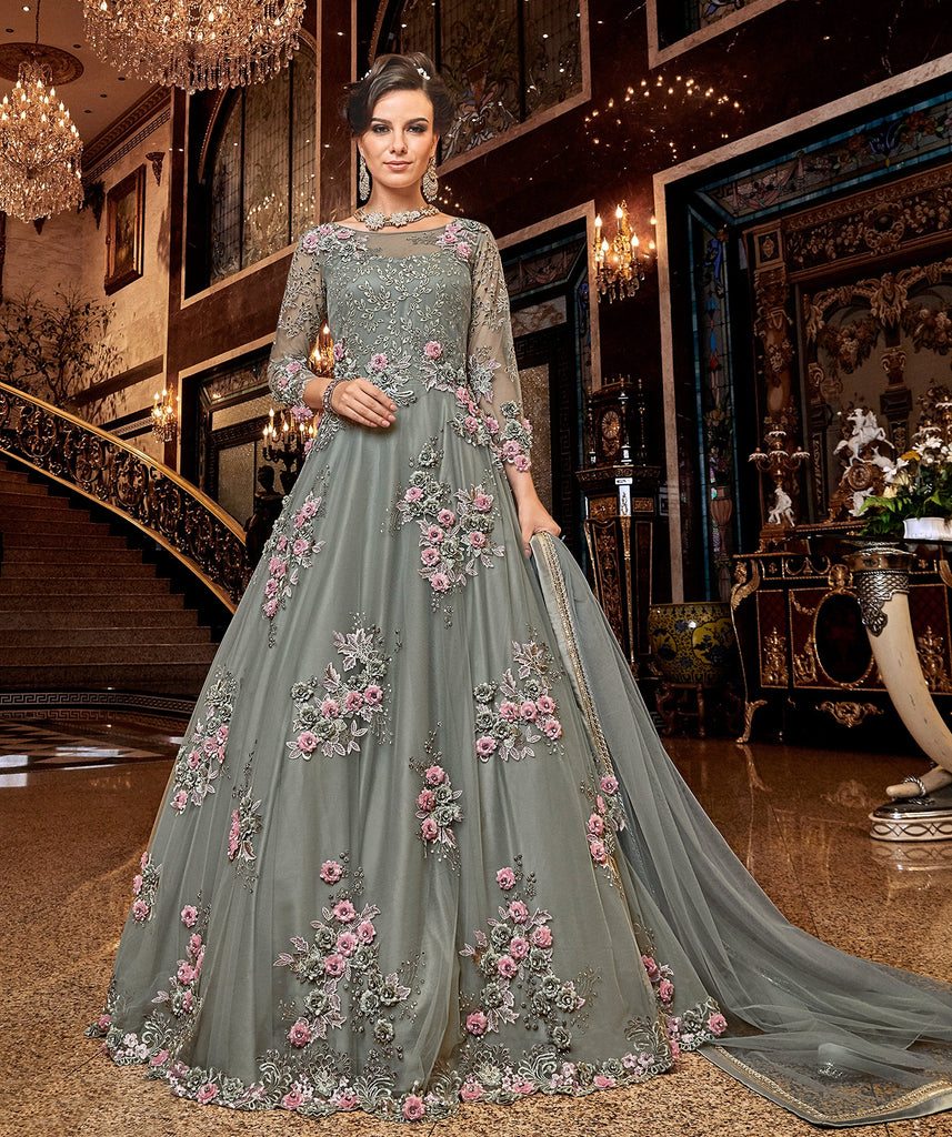Shop Light Sea Green Net Embroidered Gown Party Wear Online at Best Price |  Cbazaar